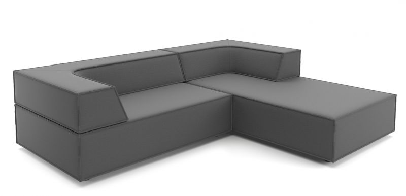 Graues Trio Sofa mit vier Modulen und Eckkombination, modernes Wohnzimmermöbel mit Ottomane rechts.